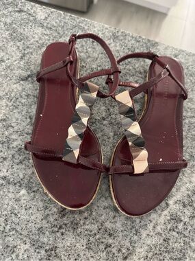 Burberry Burgundy Strappy Sandals with Signature Check Accent